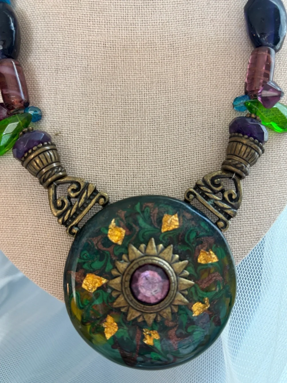 Chico's Green and Purple Statement Necklace with Matching Earrings Pierced